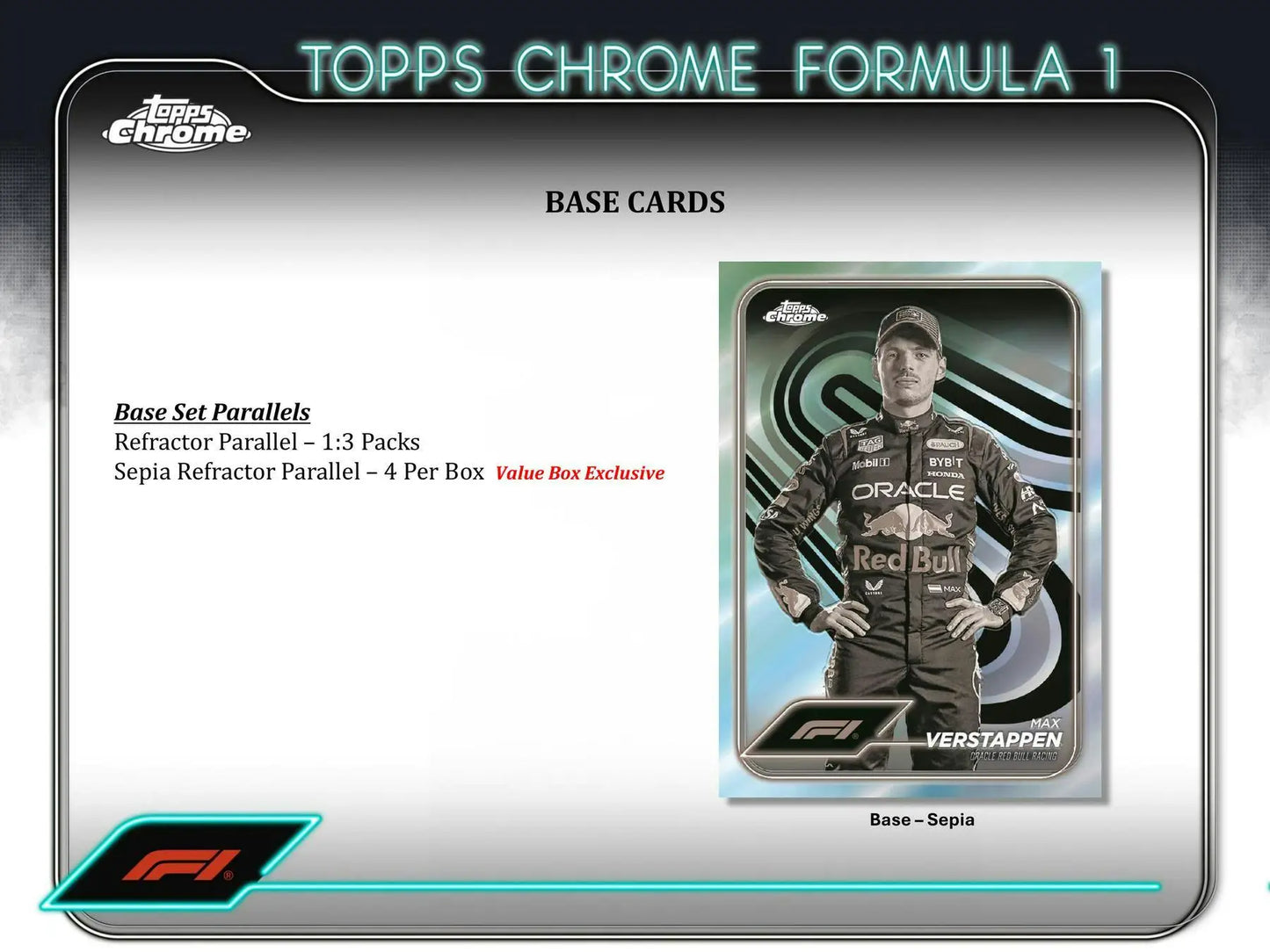 Topps Chrome Formula 1 card with teal chrome border featuring driver, gold refractor parallel