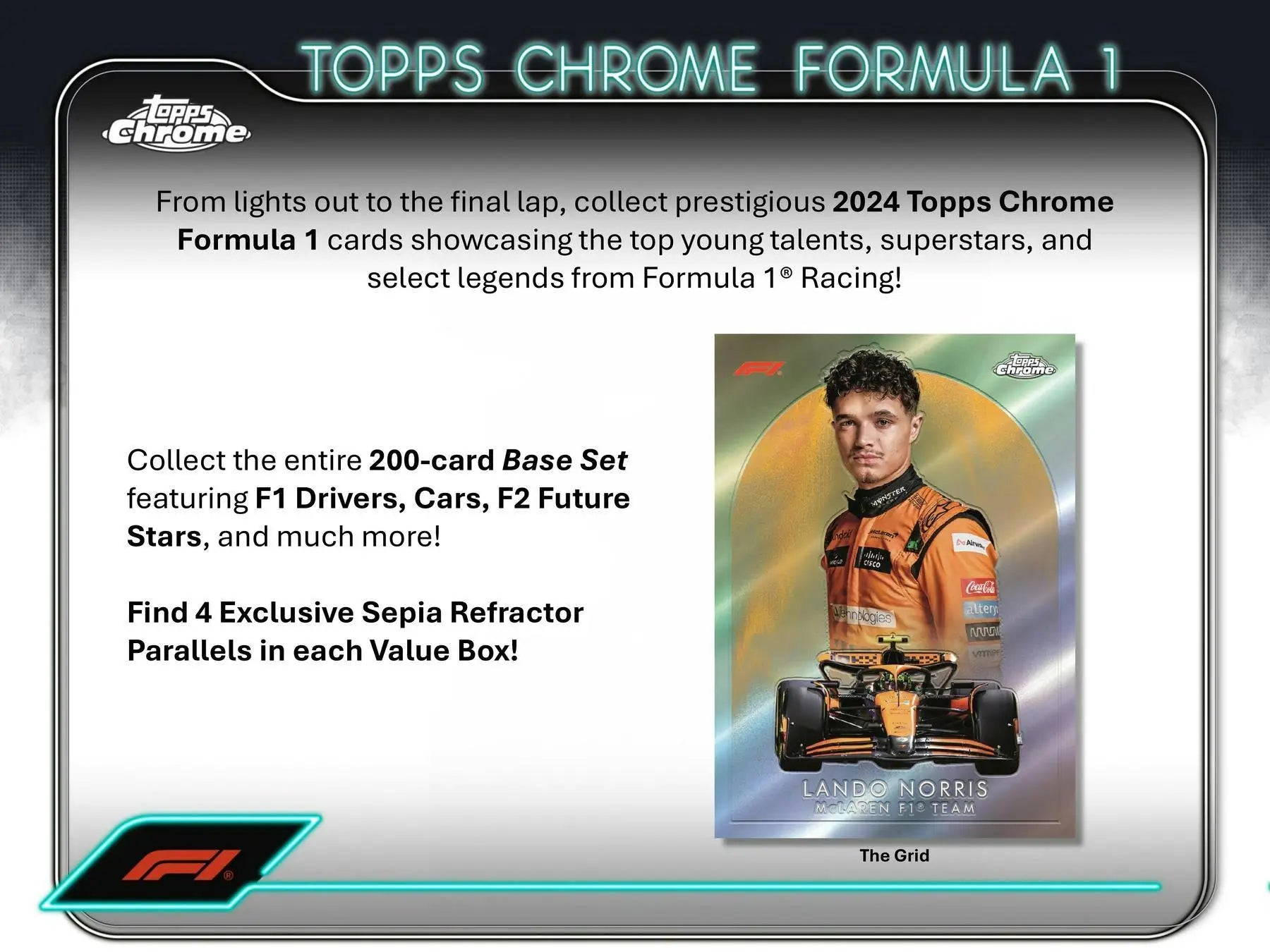 Advertisement for 2024 Topps Chrome F1 Blaster Box featuring a gold refractor parallel card