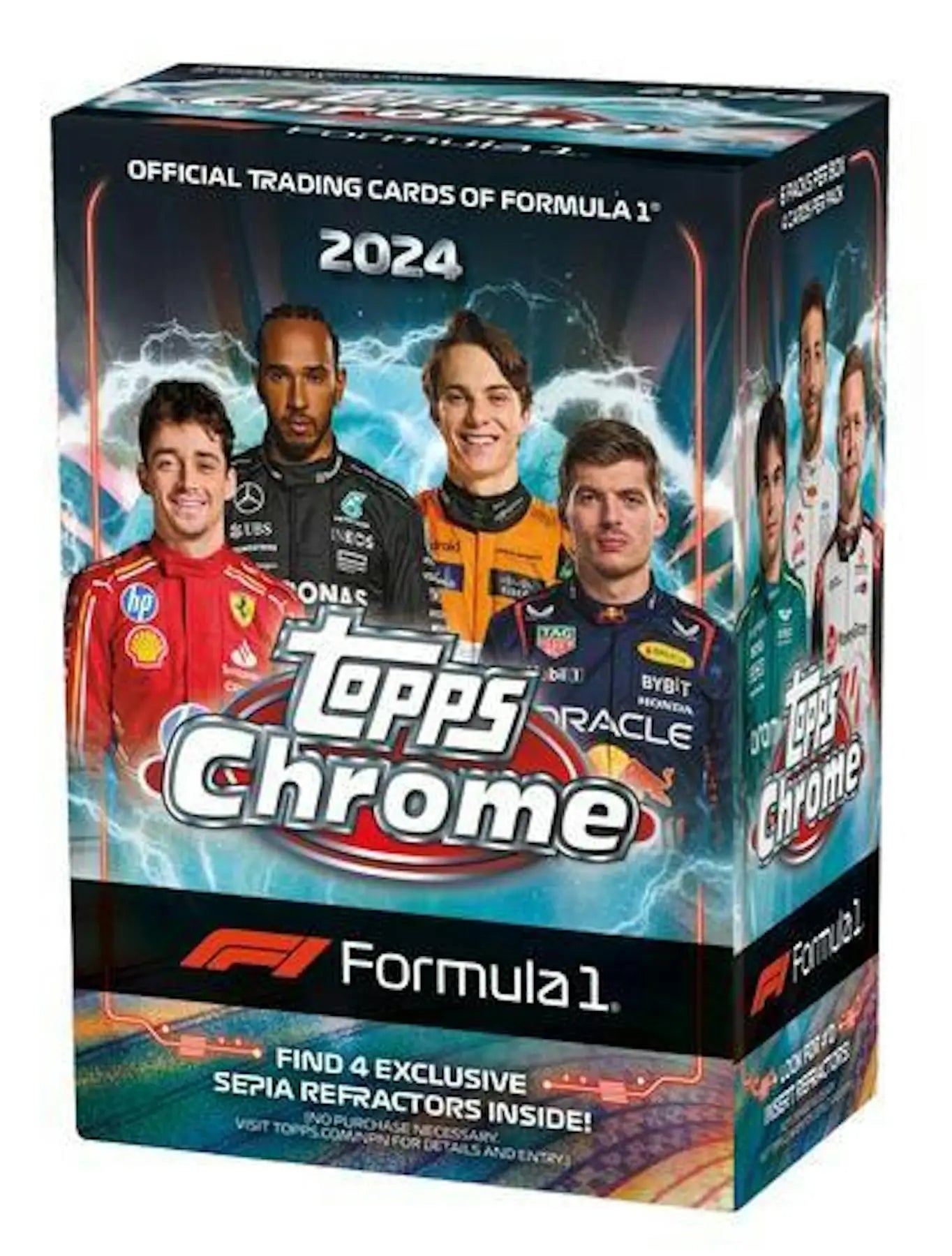 2024 Topps Chrome Formula 1 trading card box with F1 drivers and refractor parallel artwork