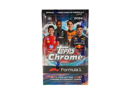 2024 Topps Chrome F1 Hobby Box featuring racing drivers and red refractor parallel design