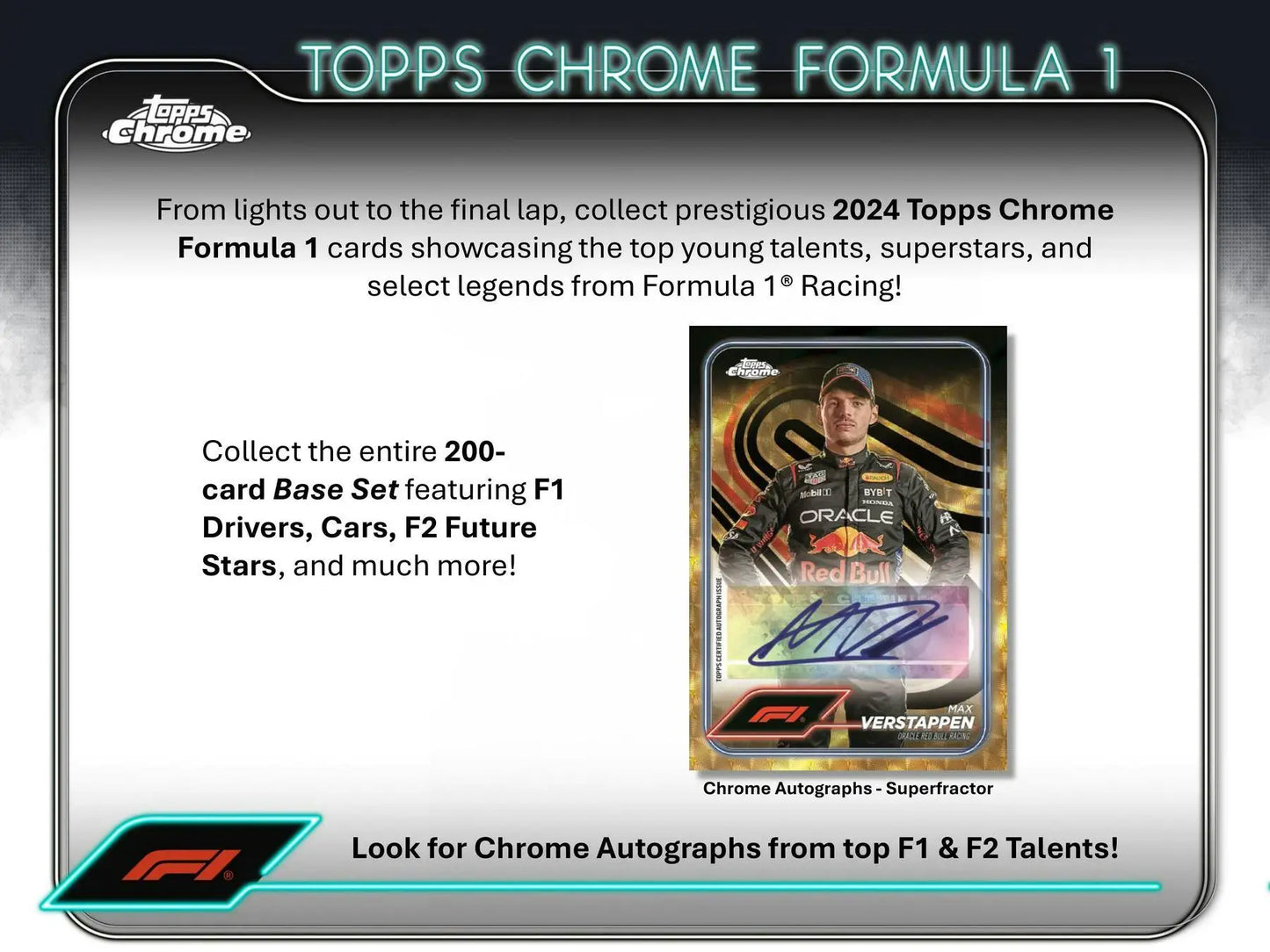 Advertisement card for 2024 Topps Chrome F1 with autographs and red refractor parallels