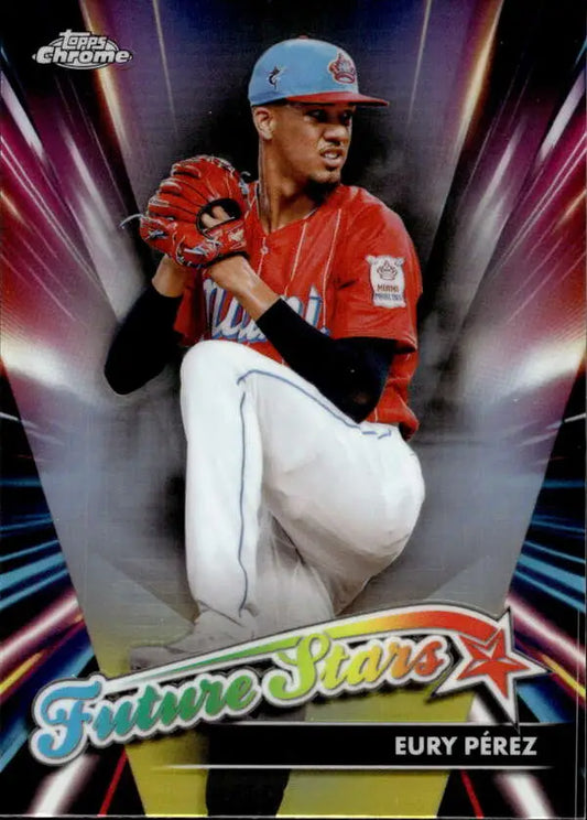 Eury Perez in wind-up pose on 2024 Topps Chrome Future Stars Refractor baseball card