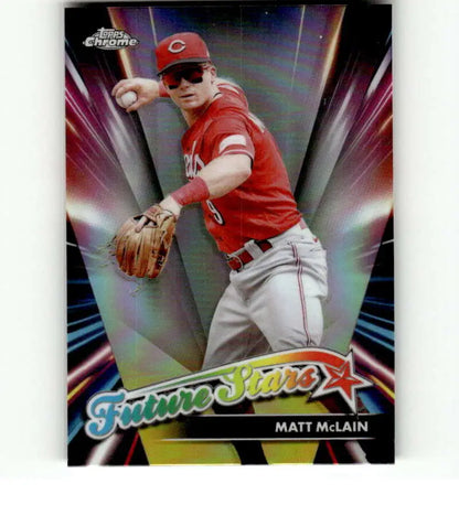 Baseball card of Matt McLain in red uniform for Cincinnati Reds in throwing motion