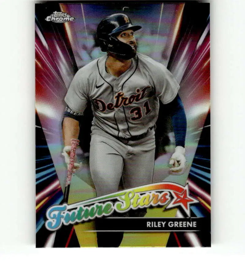 Baseball card of Riley Greene in gray Detroit Tigers uniform for Topps Chrome Future Stars