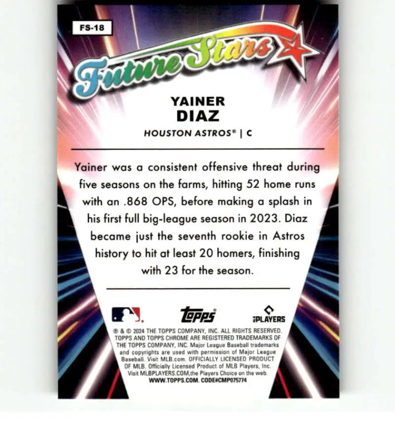 Yainer Diaz Houston Astros Future Stars trading card with statistics and biography