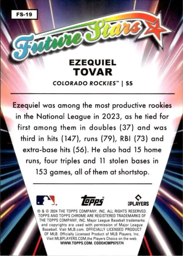 Baseball card of Ezequiel Tovar showcasing 2023 rookie stats, Topps Chrome Future Stars