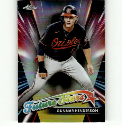 Baseball card of Gunnar Henderson in black jersey for Baltimore Orioles fielding stance