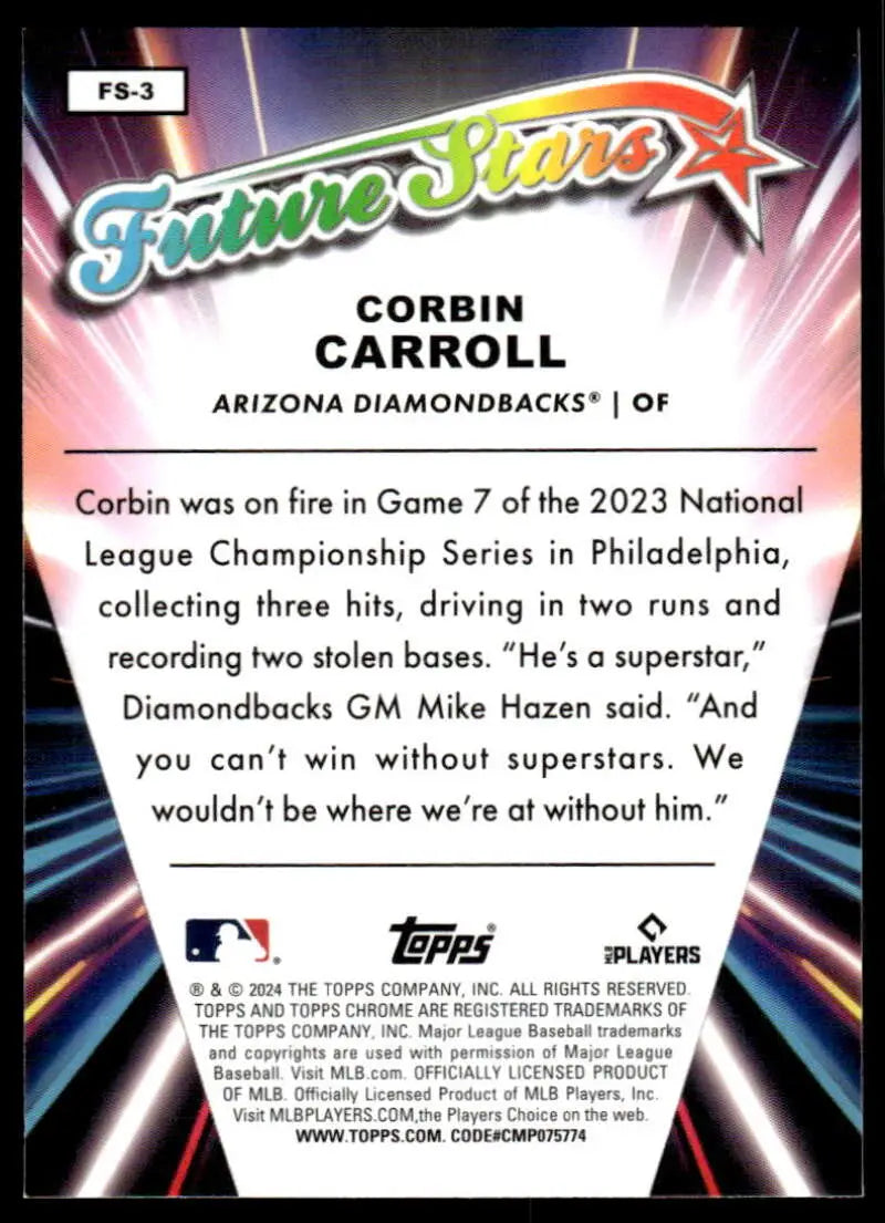 Corbin Carroll Arizona Diamondbacks Baseball Card from 2024 Topps Chrome Future Stars series