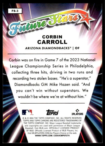 Corbin Carroll Arizona Diamondbacks Baseball Card from 2024 Topps Chrome Future Stars series