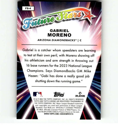 Topps Chrome Future Stars card of Gabriel Moreno showcasing defensive skills as an Arizona Diamondbacks catcher