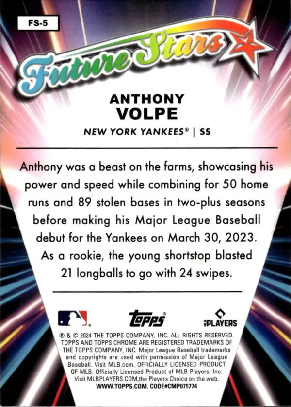 Anthony Volpe New York Yankees Topps Chrome Future Stars Refractor Baseball Card