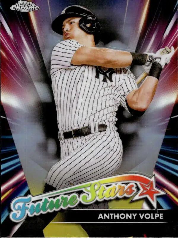 Anthony Volpe swings bat in New York Yankees pinstripes on Topps Chrome Future Stars card