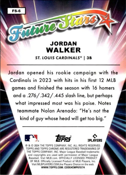 Baseball card of Jordan Walker from the 2024 Topps Chrome Future Stars Refractor series