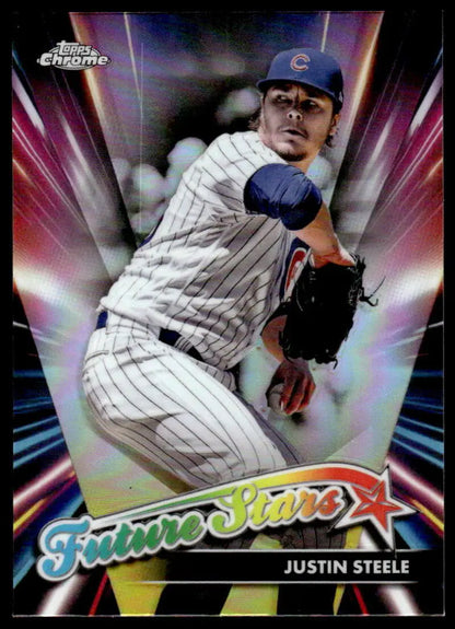 Justin Steele pitching in pinstripe uniform on 2024 Topps Chrome Future Stars card