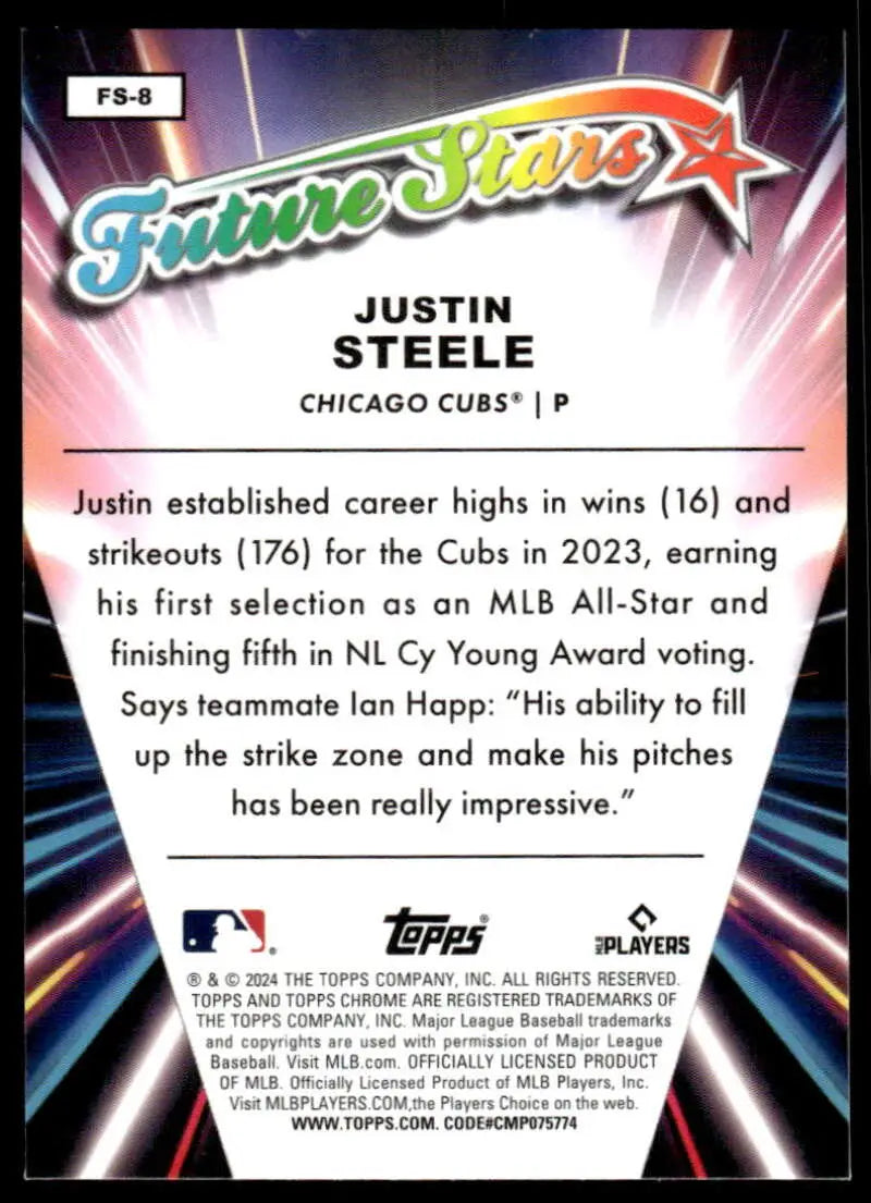 Baseball card of Justin Steele from 2024 Topps Chrome Future Stars Refractor series