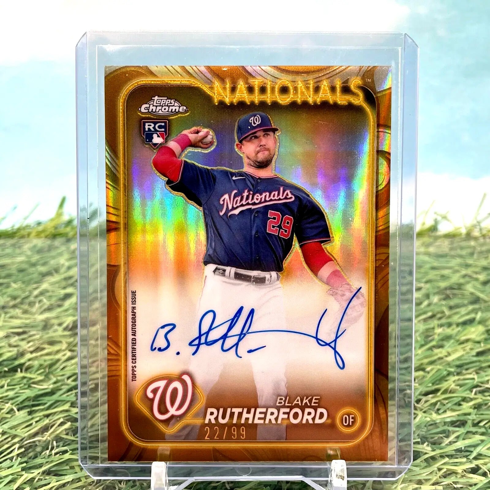 Autographed Topps Chrome Gold RC Rookie Blake Rutherford baseball card with holographic finish