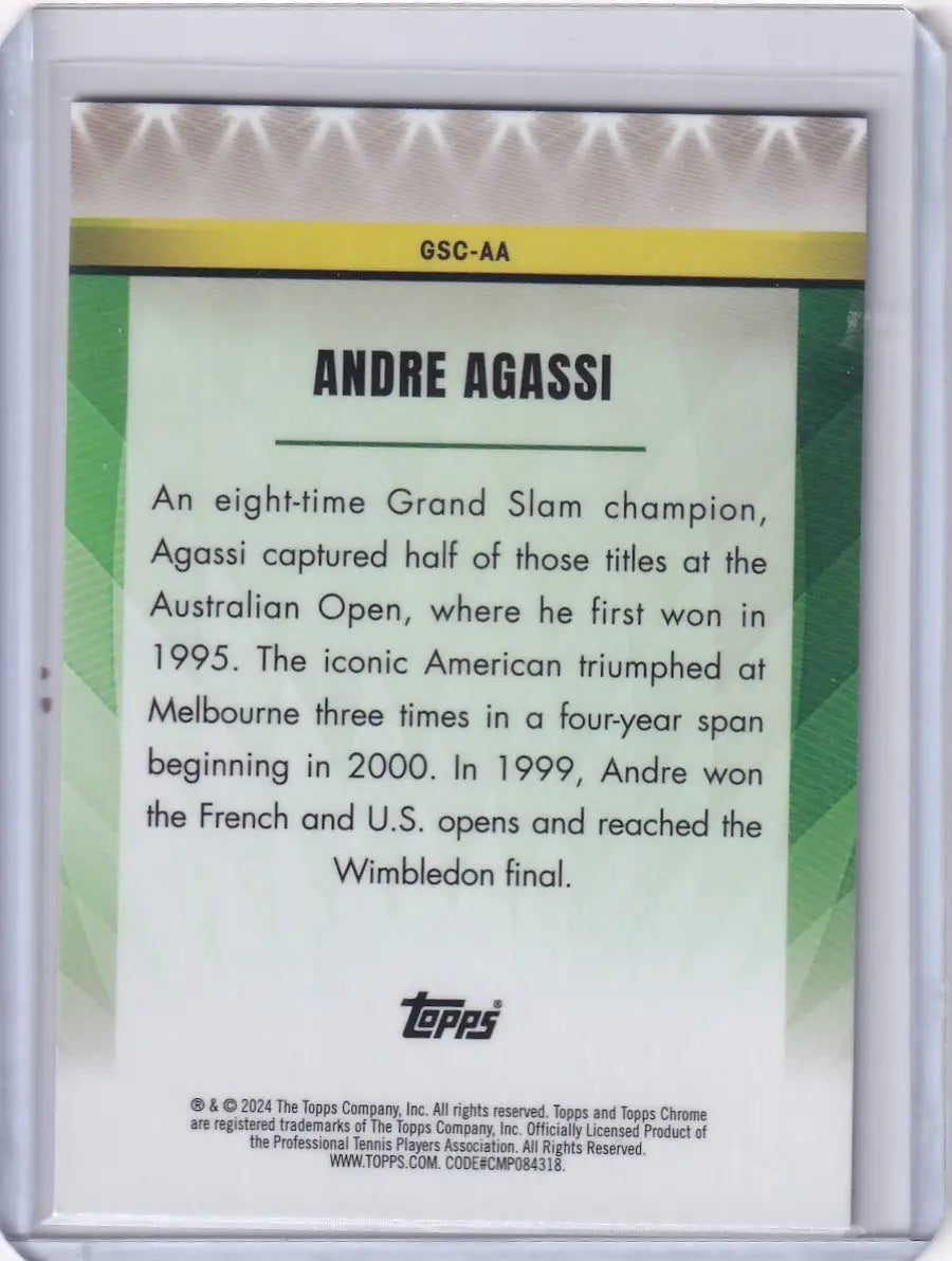 Trading card showcasing Andre Agassi’s Grand Slam achievements in Topps Chrome Grand Slam