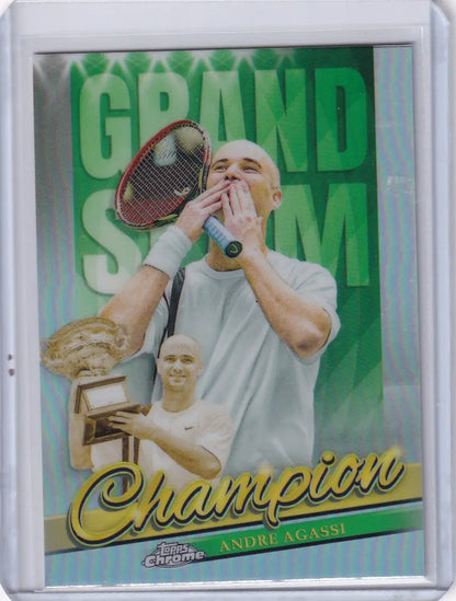 Topps Chrome Grand Slam Champions card featuring Andre Agassi in green and gold