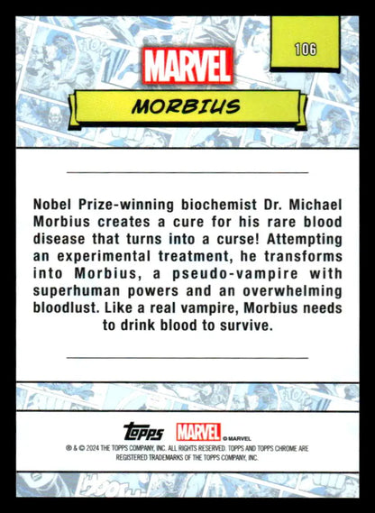 Back of the 2024 Topps Chrome Marvel #106 Morbius trading card for collectors