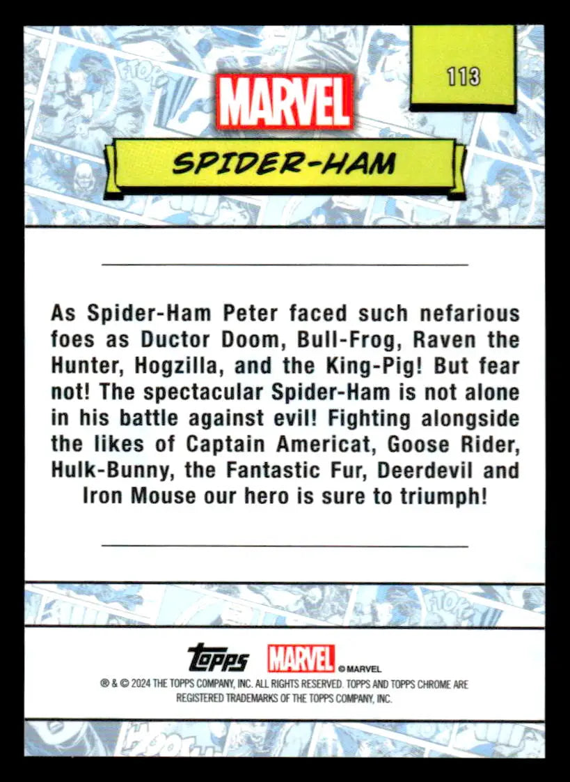 Back of 2024 Topps Chrome Marvel #113 Spider-Ham trading card showcasing character stats