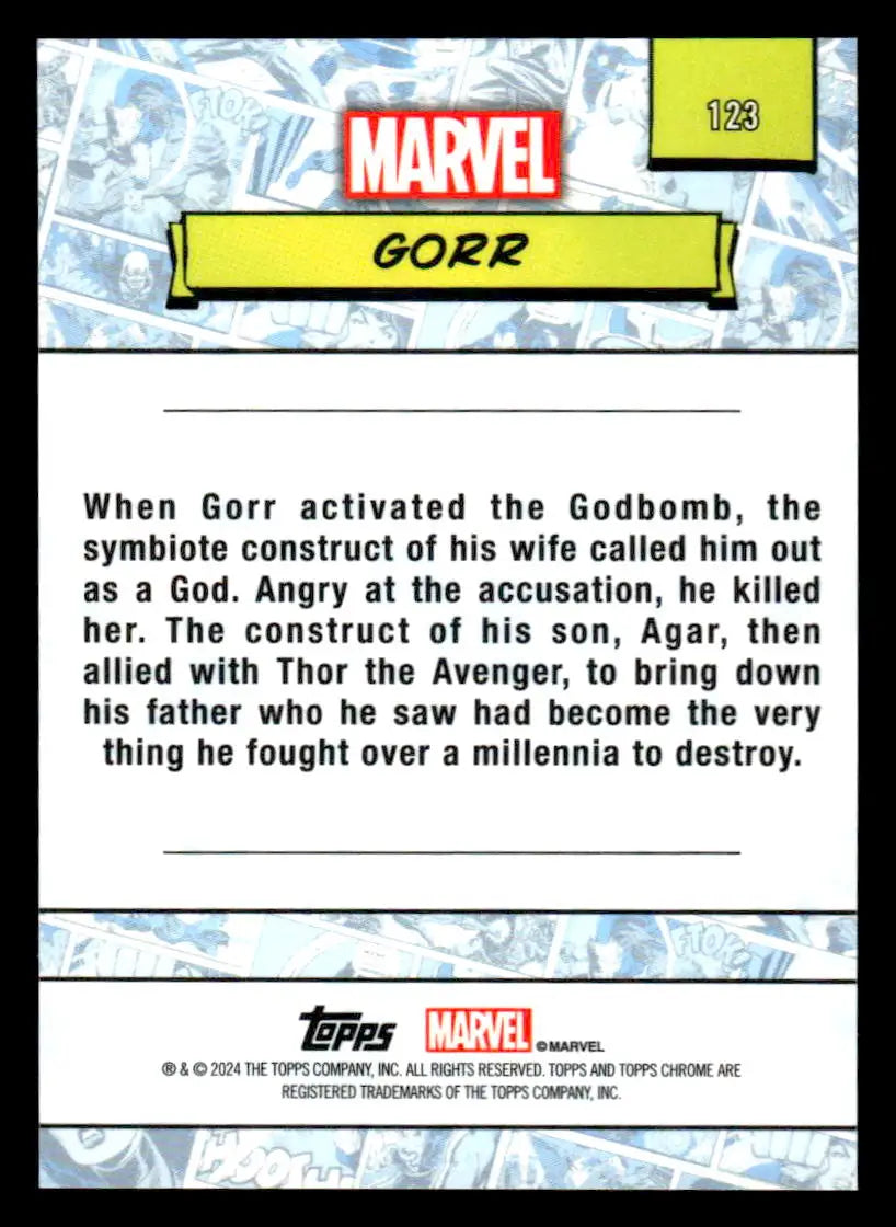 Marvel Gorr trading card from 2024 Topps Chrome Marvel collection showcasing powerful artwork