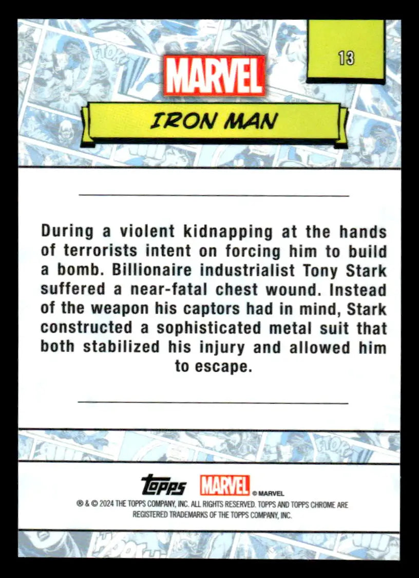 Iron Man trading card back from 2024 Topps Chrome Marvel #13 featuring detailed artwork