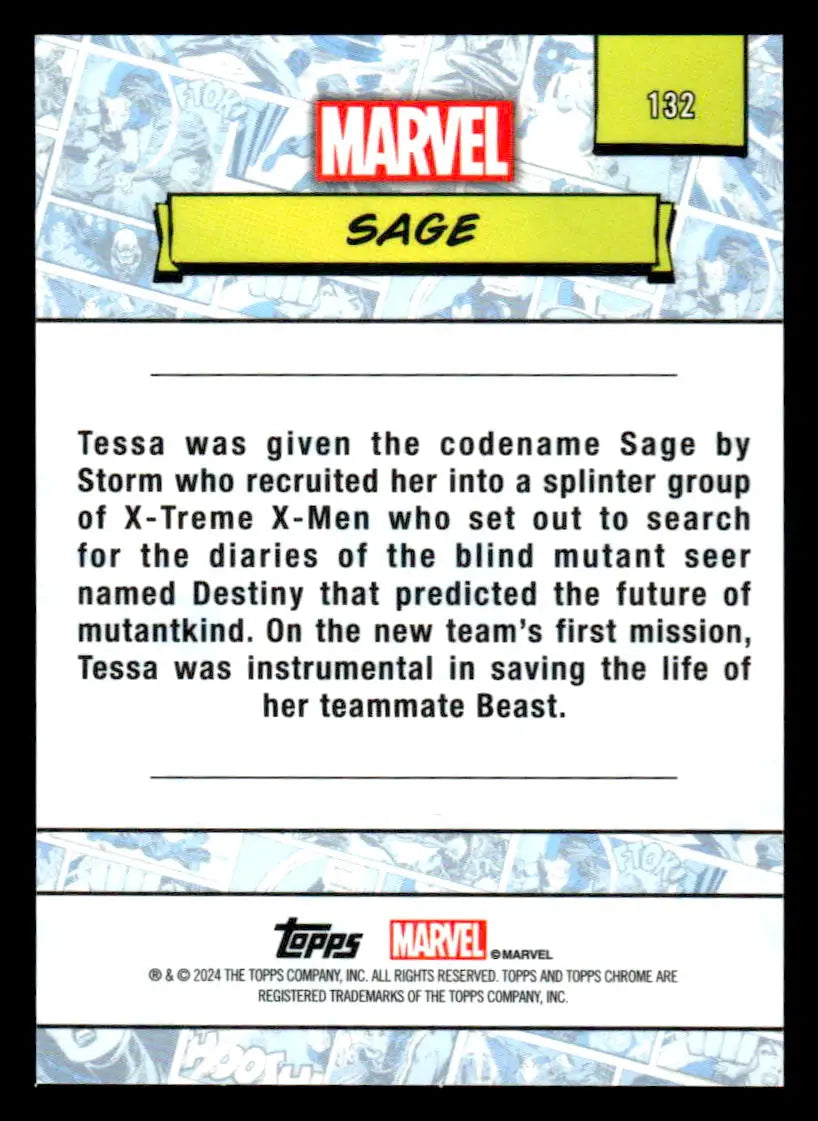 Marvel Sage trading card from 2024 Topps Chrome Marvel #132 capturing superhero allure