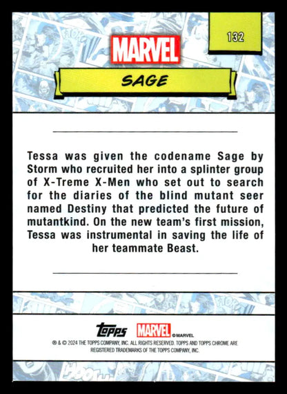 Marvel Sage trading card from 2024 Topps Chrome Marvel #132 capturing superhero allure