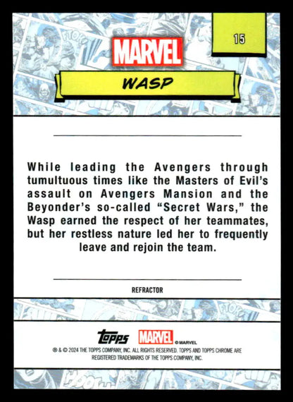 Marvel Wasp trading card back from 2024 Topps Chrome Marvel #15 Refractor edition