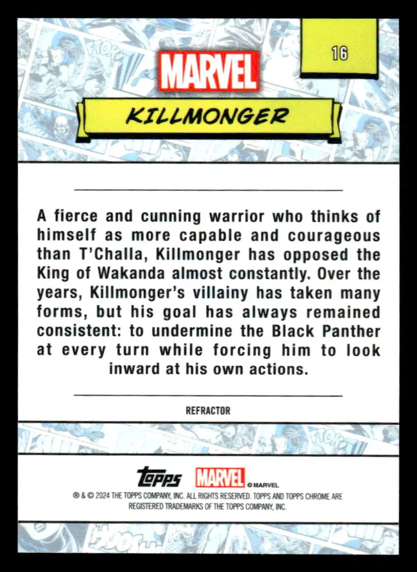 Killmonger Marvel trading card from 2024 Topps Chrome Marvel #16 Refractor