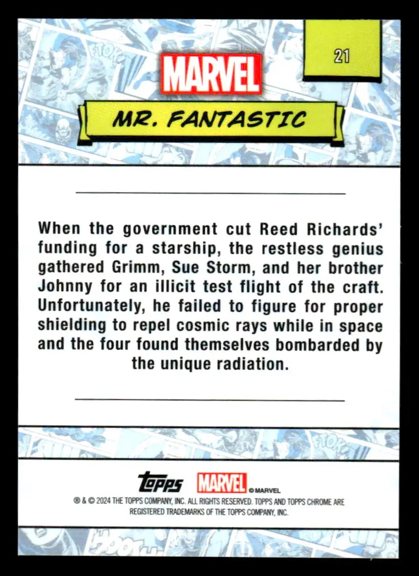 Mr. Fantastic trading card back from 2024 Topps Chrome Marvel #21 collectible series