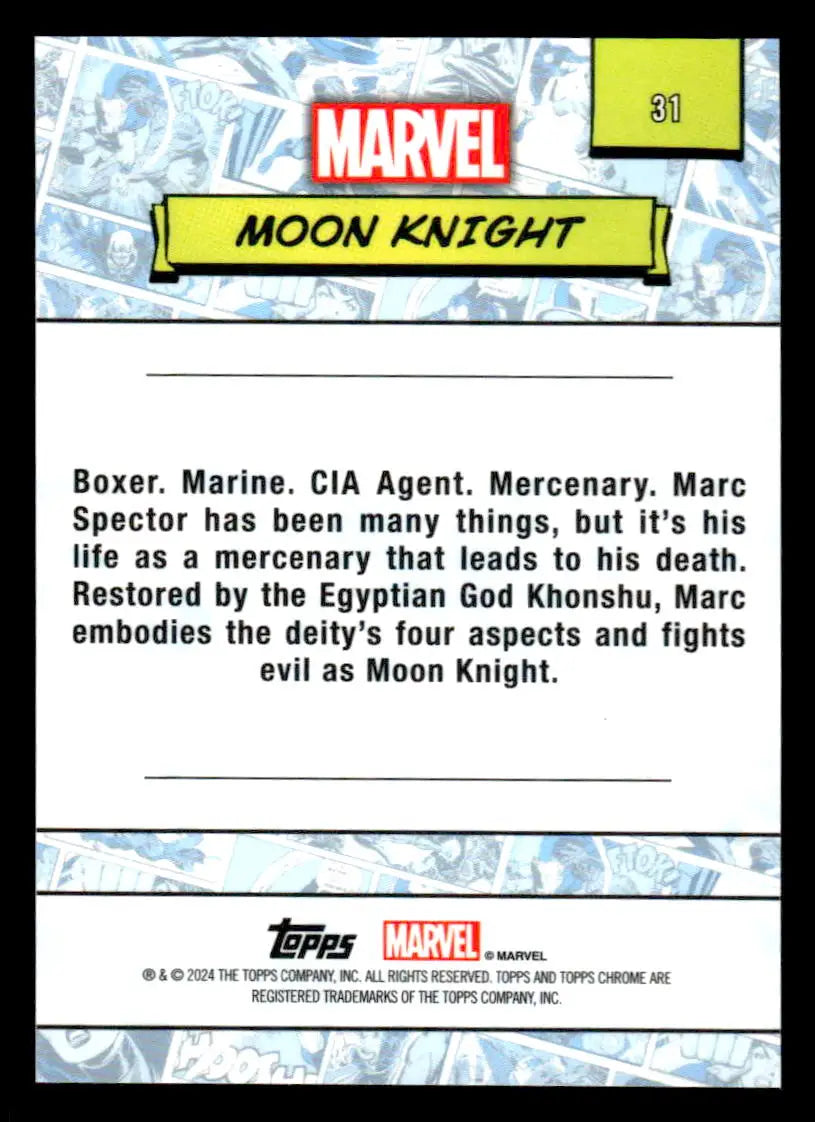 Moon Knight trading card from 2024 Topps Chrome Marvel #31 featuring iconic superhero art