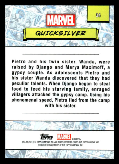 Marvel Quicksilver trading card from 2024 Topps Chrome set, featuring dynamic artwork