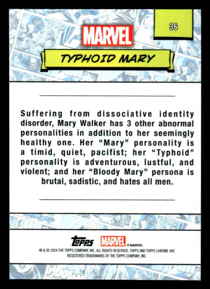 Back of 2024 Topps Chrome Marvel #36 Typhoid Mary trading card showcasing character details