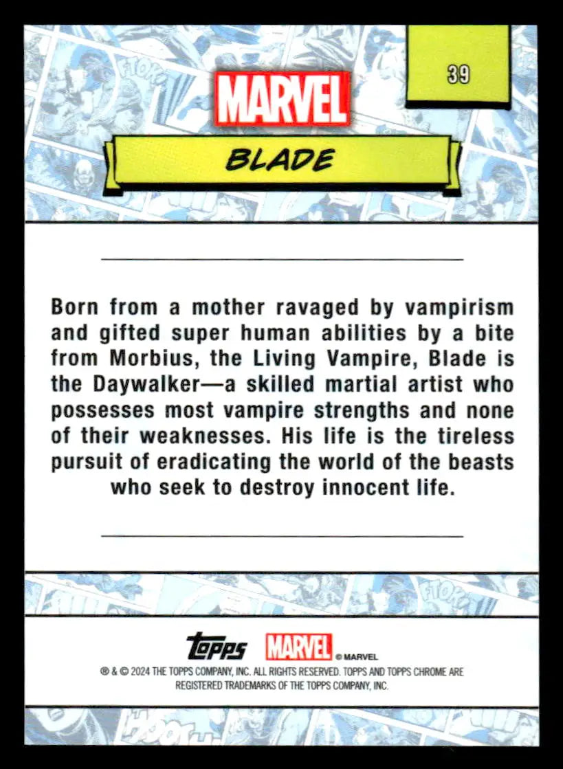 Marvel Blade trading card back from 2024 Topps Chrome Marvel #39 collectible series