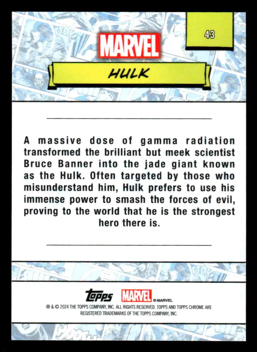 Hulk trading card back from 2024 Topps Chrome Marvel #43 showcasing stats and artwork