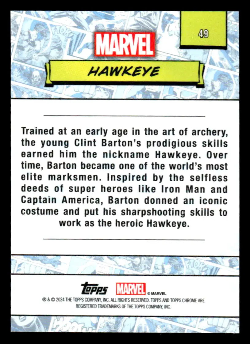 Hawkeye Marvel trading card from 2024 Topps Chrome series #49 featuring vibrant art