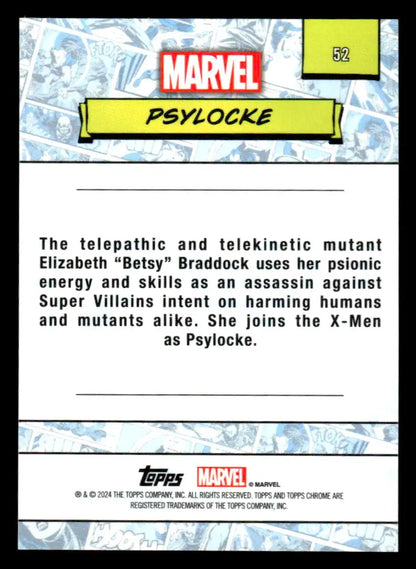 Psylocke trading card back from 2024 Topps Chrome Marvel #52 showcasing stunning design