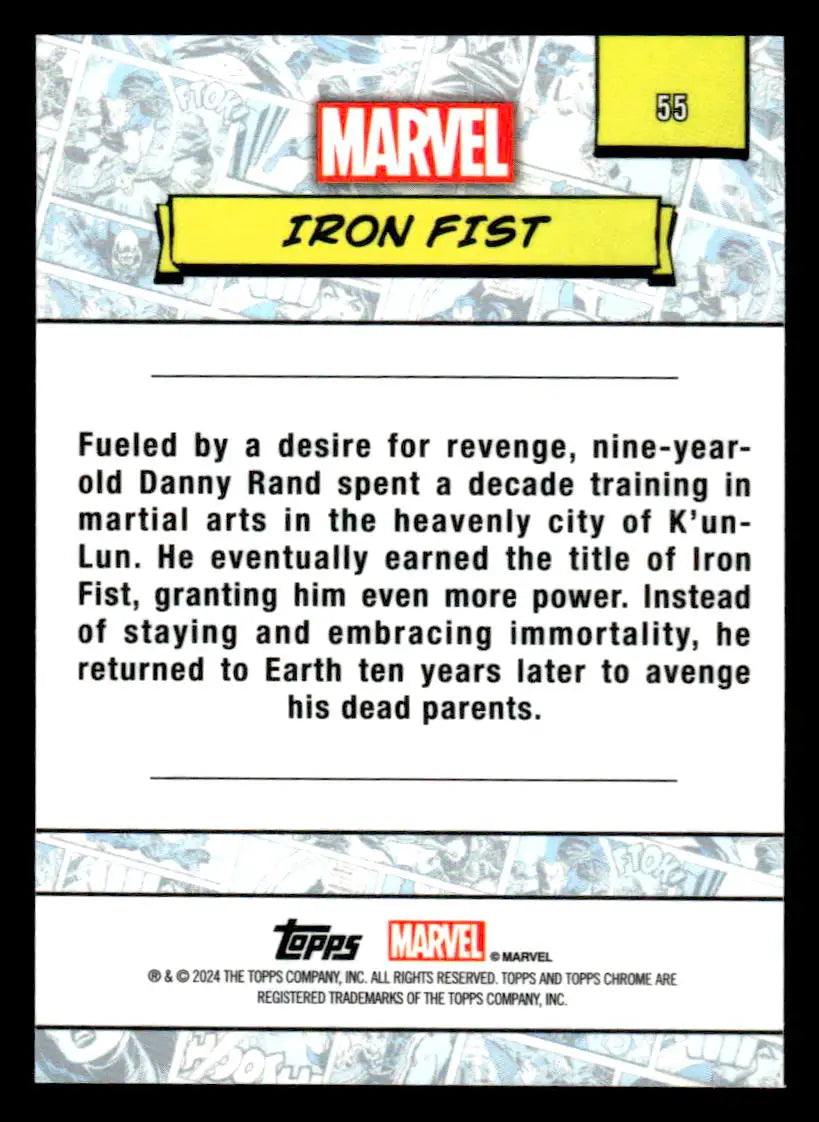 Iron Fist trading card back from 2024 Topps Chrome Marvel collection