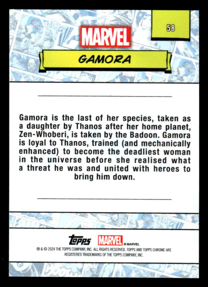 2024 Topps Chrome Marvel #58 Gamora trading card featuring the iconic Marvel character