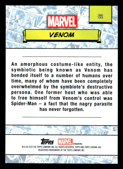 Back of 2024 Topps Chrome Marvel #62 Venom trading card showcasing detailed artwork