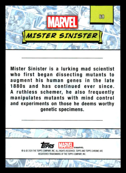 Marvel Mister Sinister trading card back from 2024 Topps Chrome Marvel #68 collection