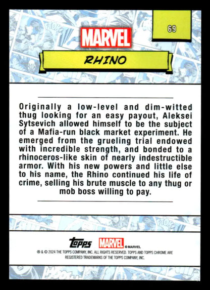 Rhino character card from 2024 Topps Chrome Marvel #69 collectible trading cards