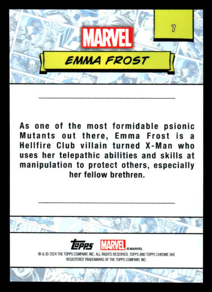 Emma Frost trading card back from 2024 Topps Chrome Marvel #7 collectible series