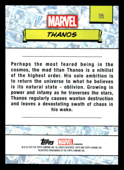 Thanos trading card back from 2024 Topps Chrome Marvel #72 collectible series