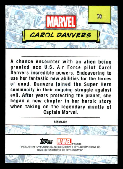 Captain Marvel trading card from 2024 Topps Chrome Marvel #76 Carol Danvers Refractor