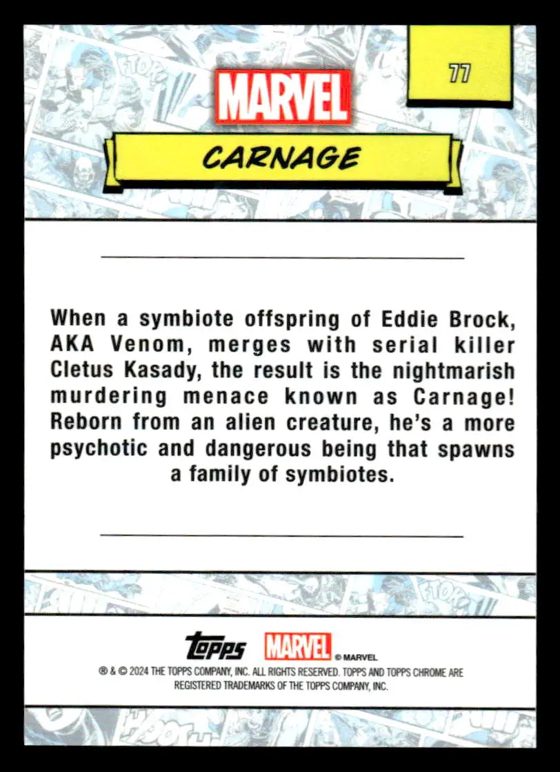 Carnage trading card back from 2024 Topps Chrome Marvel #77 collectible series