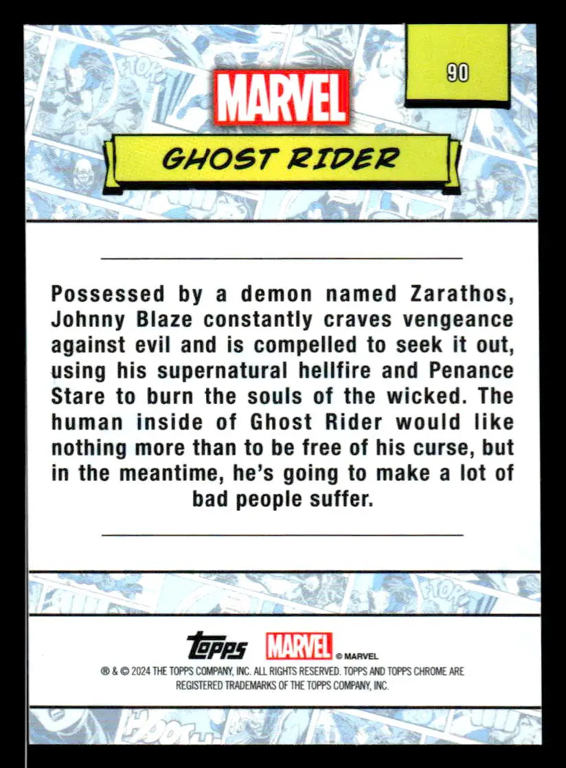 Back of 2024 Topps Chrome Marvel #90 Ghost Rider trading card showcasing artwork and stats