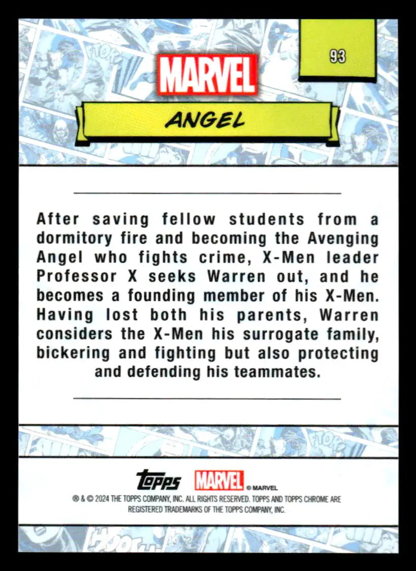 Marvel Angel trading card back from 2024 Topps Chrome Marvel #93 product display