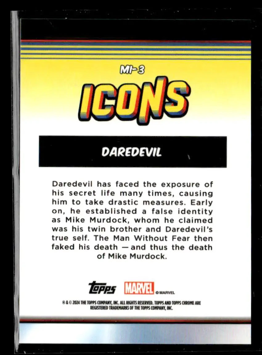 Daredevil trading card back from 2024 Topps Chrome Marvel Icons series